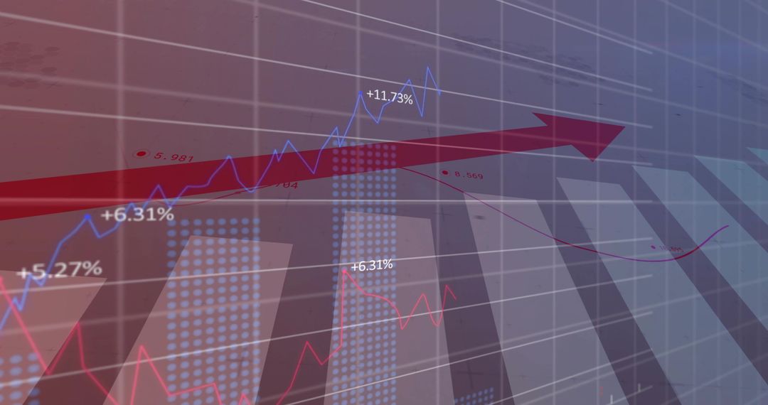 Displaying financial growth dashboard with bold upward arrow, line charts, dotted bar analytics