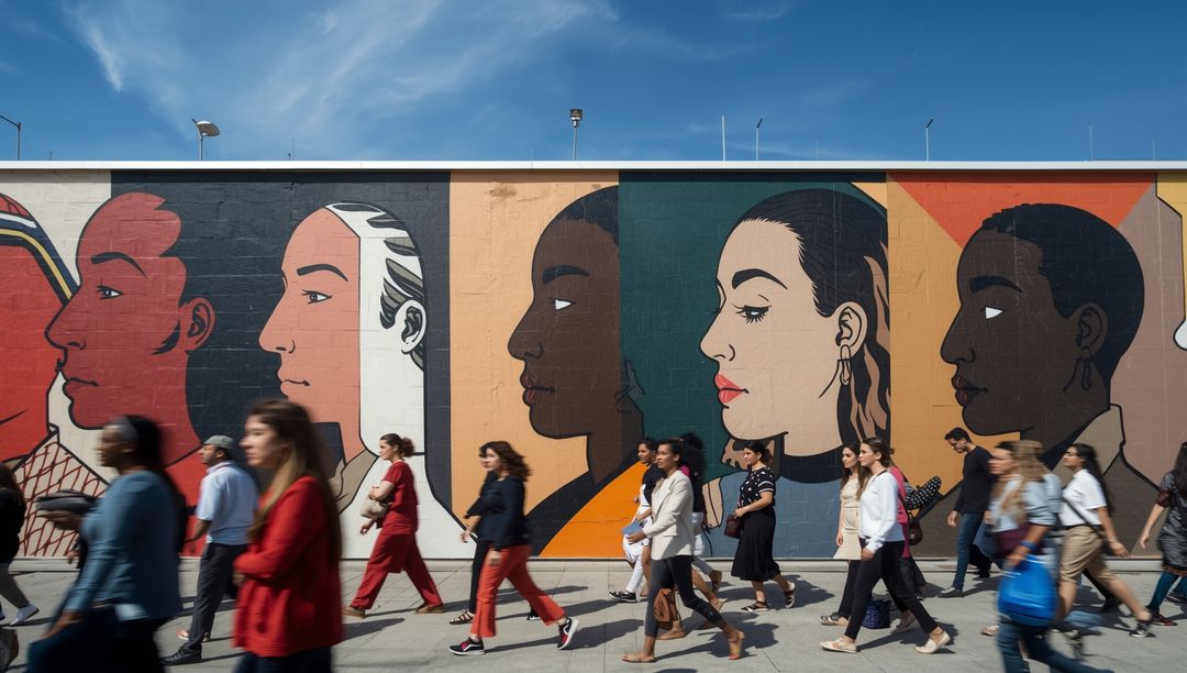 Diverse Crowd Walking by Colorful Mural in Urban Cityscape