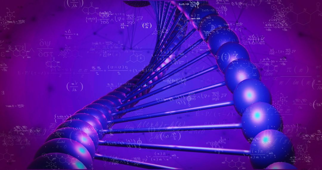 Futuristic DNA Strand with Mathematical Equations on Blue Background