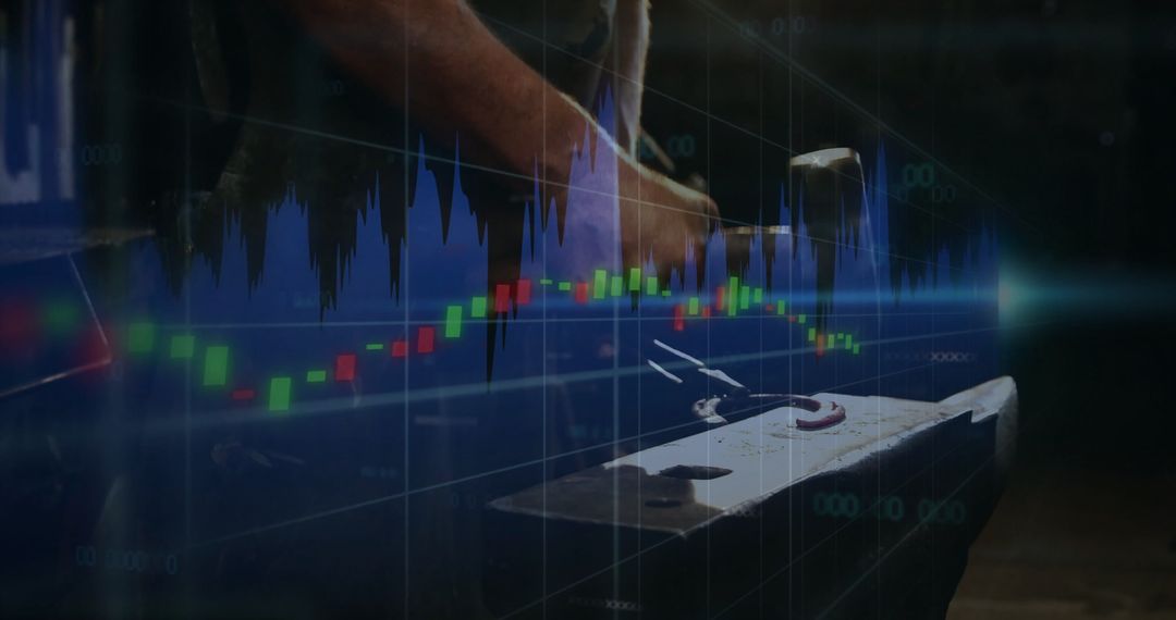 Blacksmith Working with Digital Financial Graph Overlay