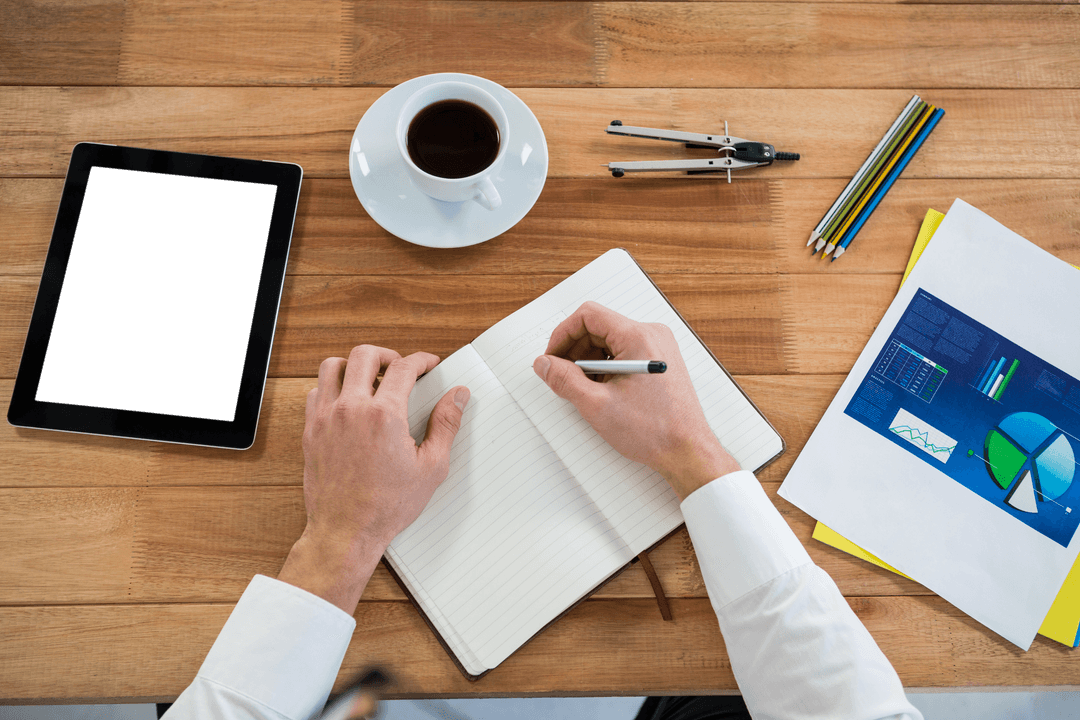 Transparent View Business Workspace with Cup of Coffee and Tablet