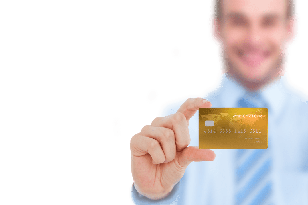 Transparent Businessman Smiling Holding Gold Credit Card