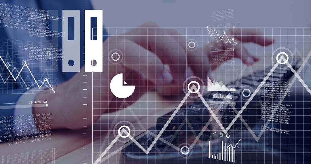 Hands Typing at Laptop with Digital Data Dashboard Overlay