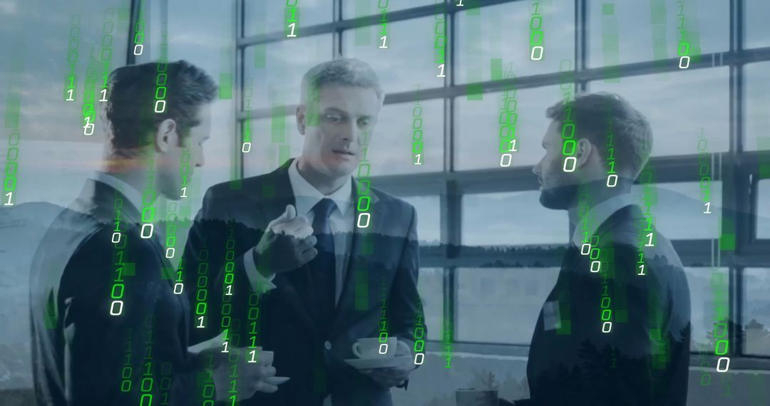 Binary Code Overlaying Business Meeting in Modern Office
