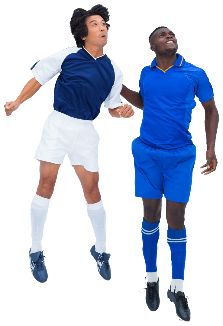 Diverse Soccer Players Competing in Mid-Air with Transparent Background