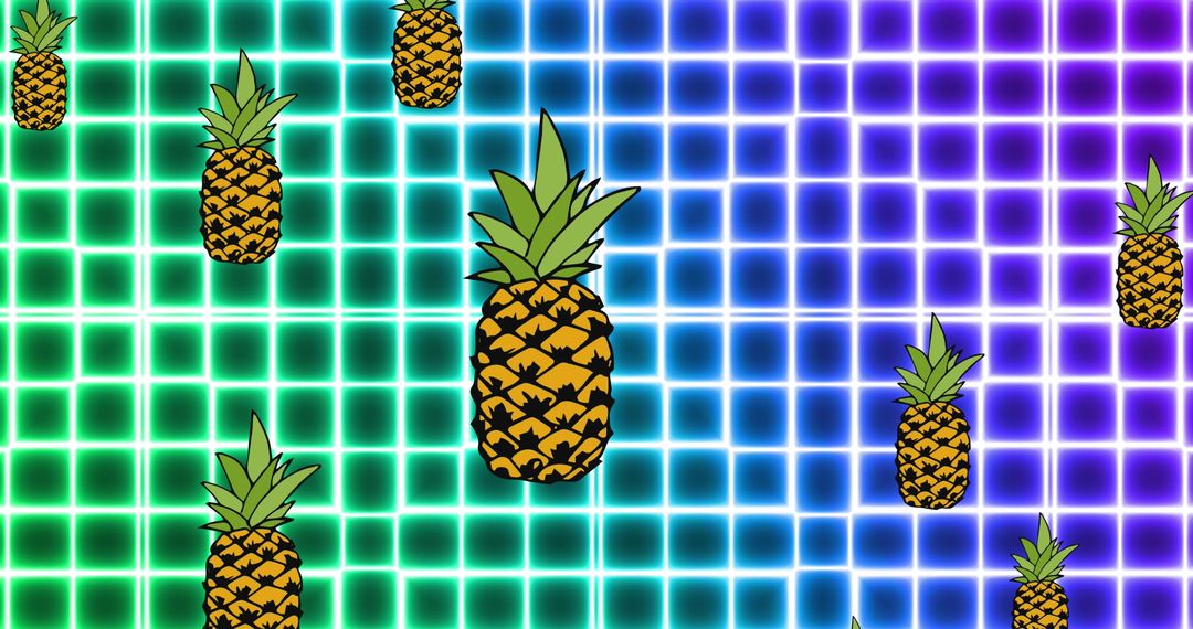 Retro Trendy Pineapples on Neon Grid Background