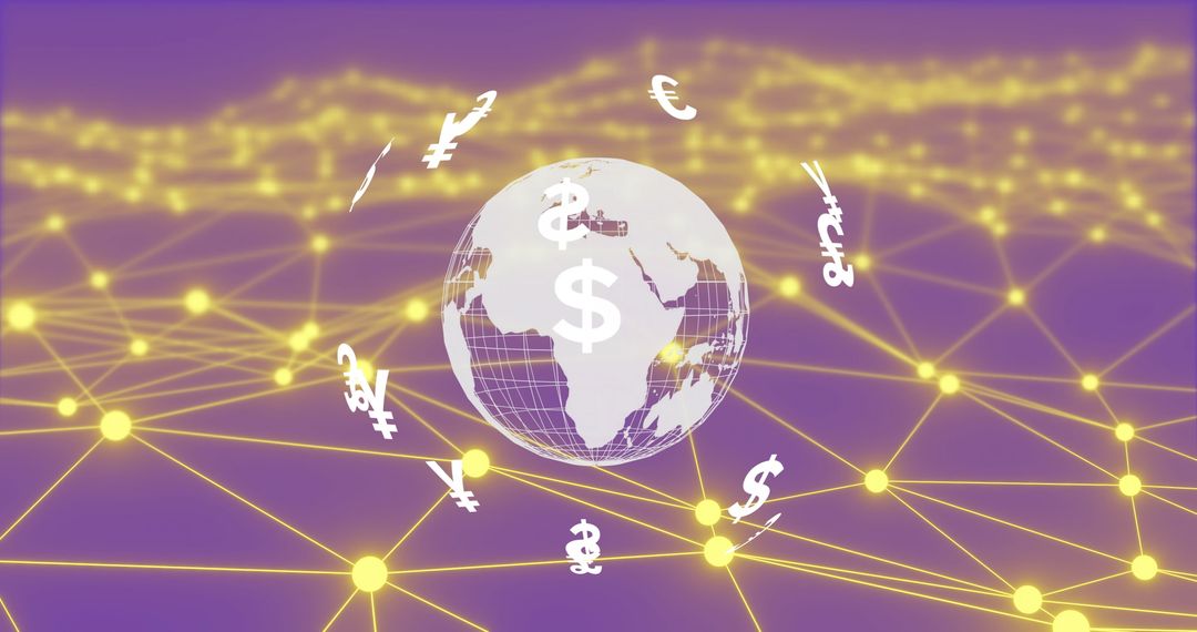 Digital Currency Symbols Circling Global Network on Purple Background