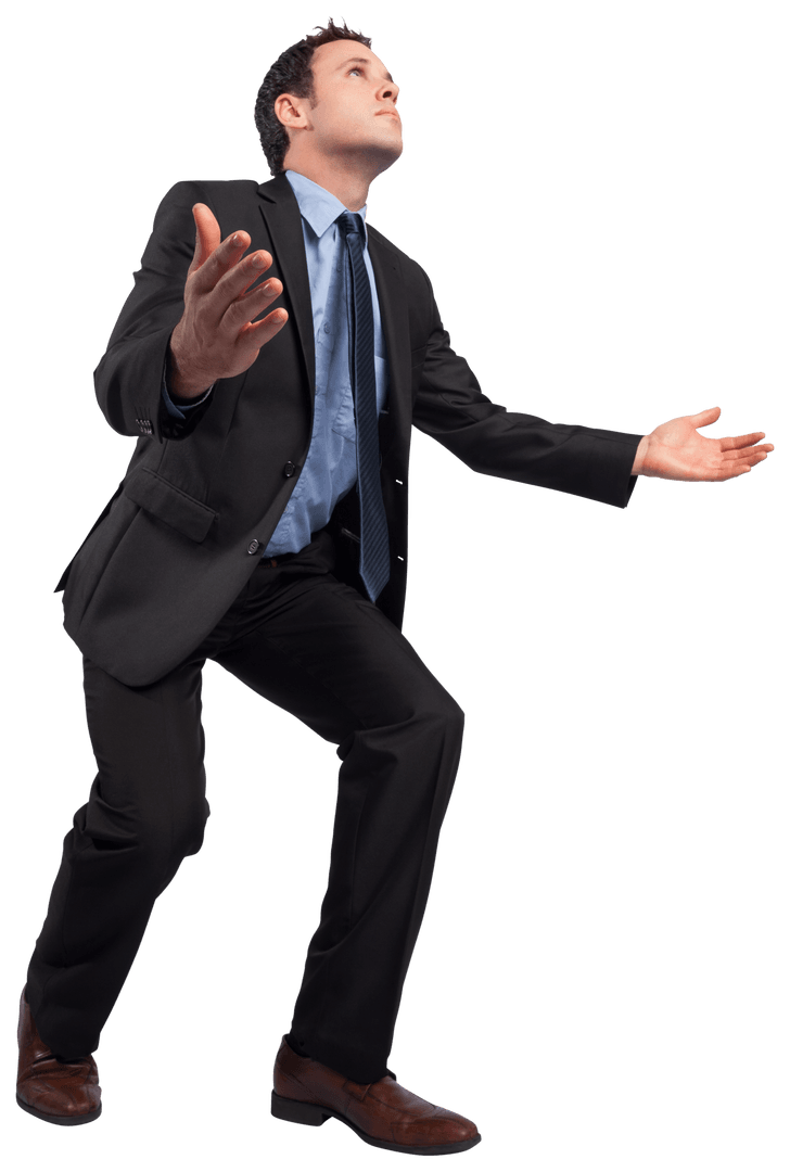 Transparent Businessman Gesturing with Outstretched Arms Upward