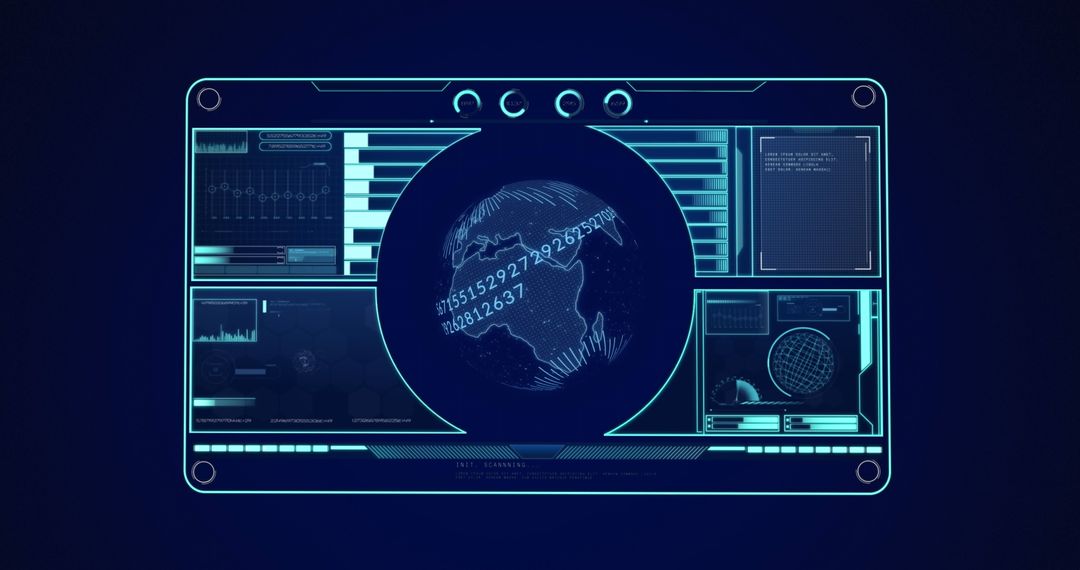Futuristic Digital Interface with Spinning Globe and Data Visualization