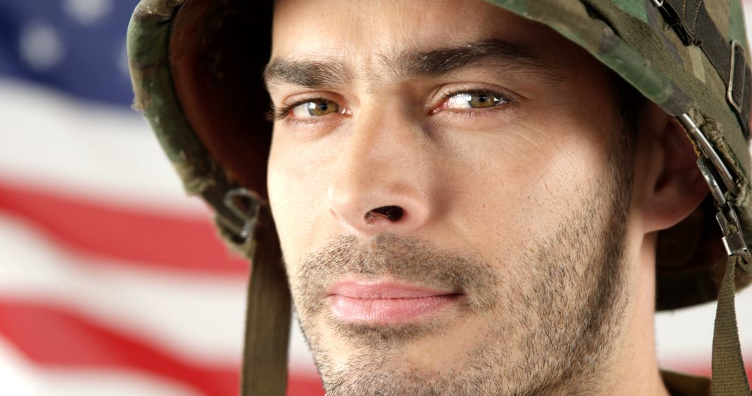 Confident Soldier Portrait with USA Flag Background Symbolizing Patriotism - Free Images, Stock Photos and Pictures on Pikwizard.com