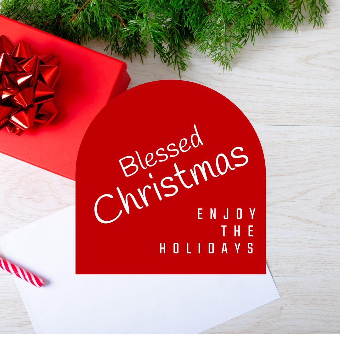 Christmas Greeting Card with Festive Present and Greenery