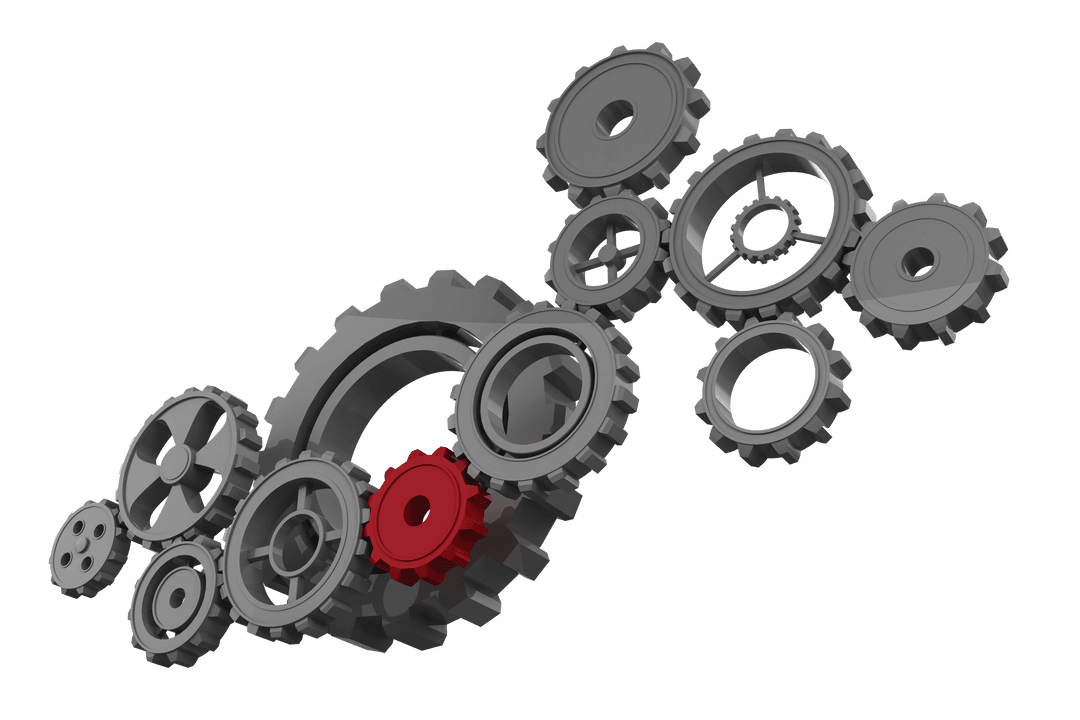 Red and Grey Cogs on Transparent Background for Industrial Concepts