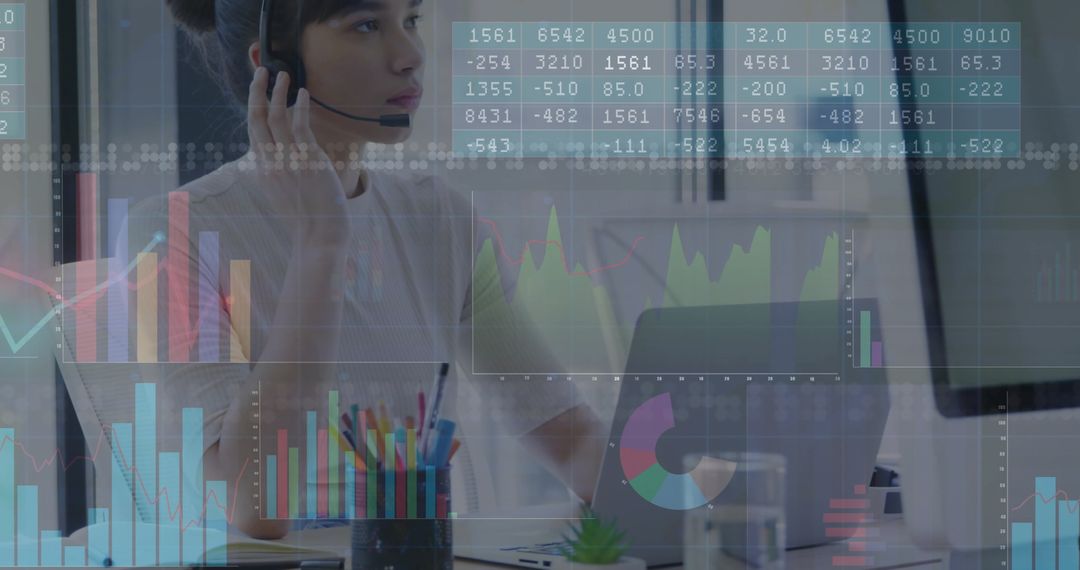 Financial Analyst Using Laptop Headset for Real-Time Data Review