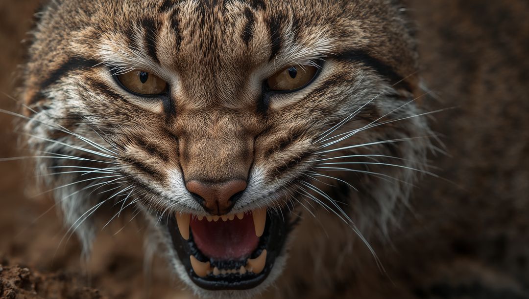 Snarling Wildcat Closeup Showing Canines and Whiskers with Amber Eyes Intense Portrait