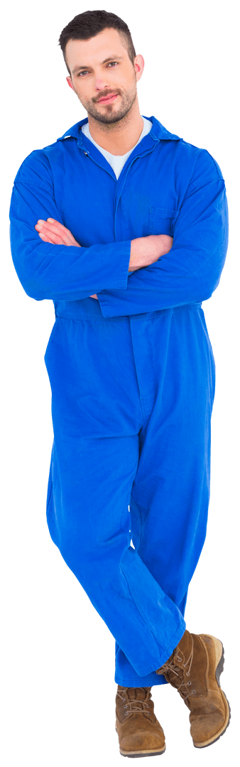 Smiling Male Mechanic in Blue Jumpsuit on Transparent Background