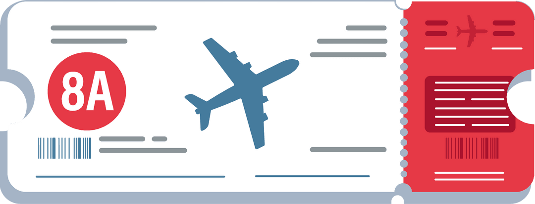 Flat Vector Boarding Pass with Red Stub on Transparent Background