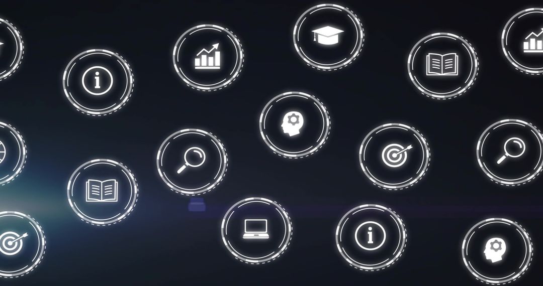 Floating Holographic Circular UI Icons over Navy Gradient Dashboard Analytics Education