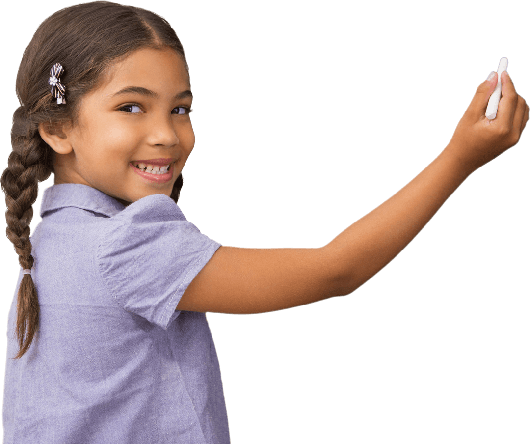 Smiling Schoolgirl Writing with Chalk on Transparent Background