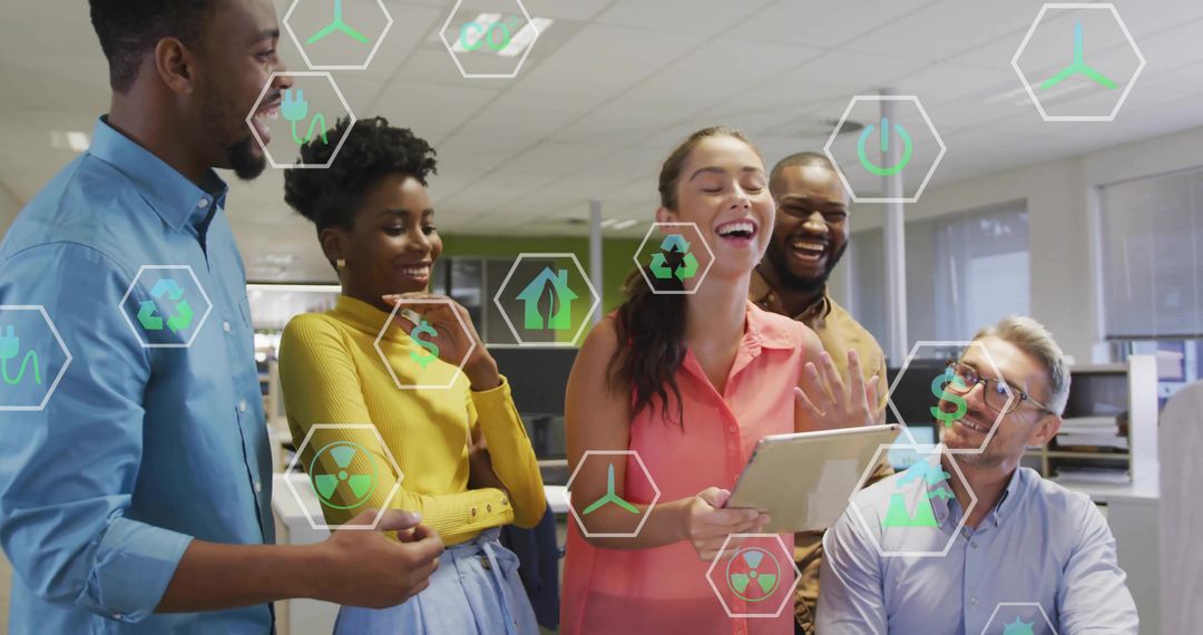 Diverse team collaborating on sustainable technology presentation using tablet at office