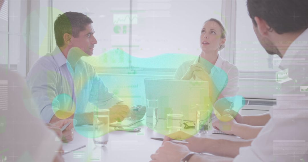 Dynamic Meeting with Abstract Liquid Gradient Overlay in a Modern Office