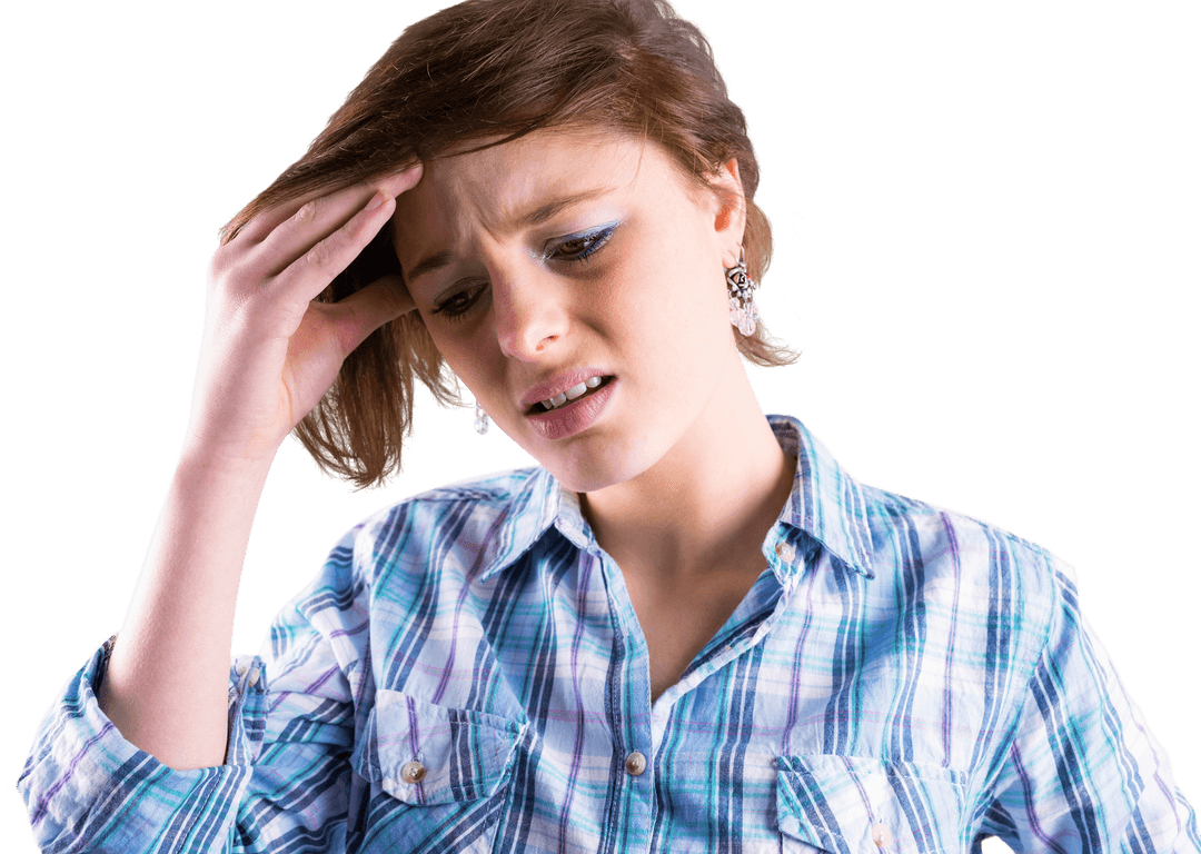 Stressed Woman with Headache Touching Forehead Transparent Background