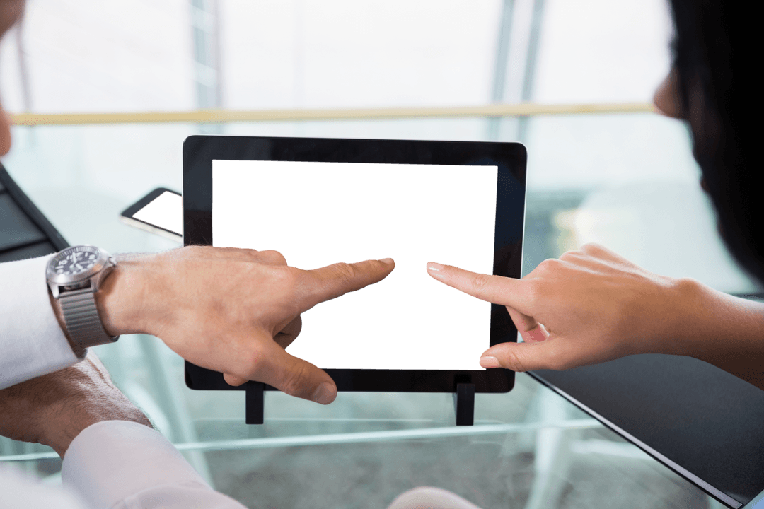 Collaborative Business Discussion with Transparent Tablet at Office