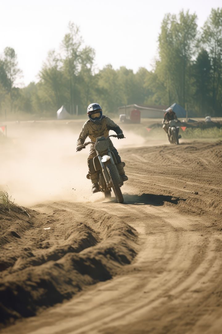 Men riding racing bikes on dirt track, created using generative ai technology - Free Images, Stock Photos and Pictures on Pikwizard.com