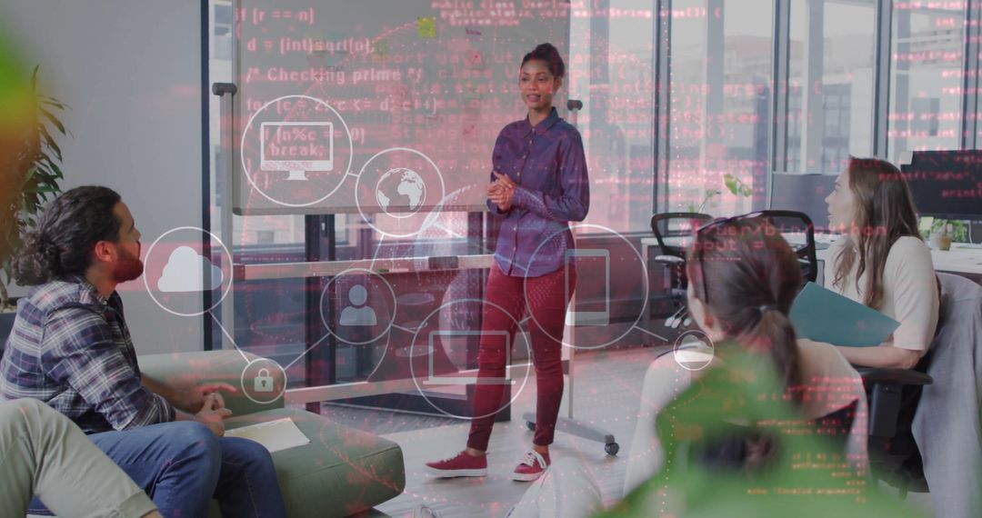 Professional Presentation in Modern Office with Digital Overlays