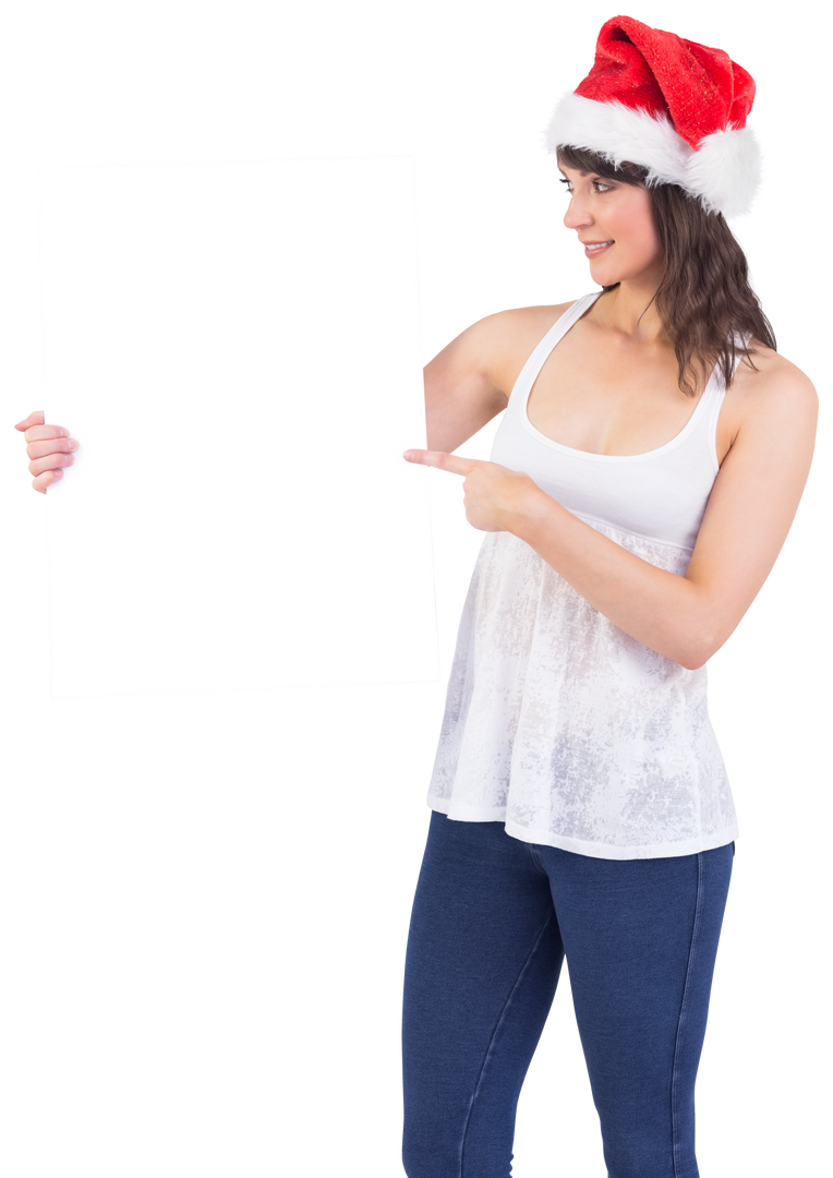 Smiling Young Woman in Santa Hat Holding Transparent Sign - Download Free Stock Images Pikwizard.com