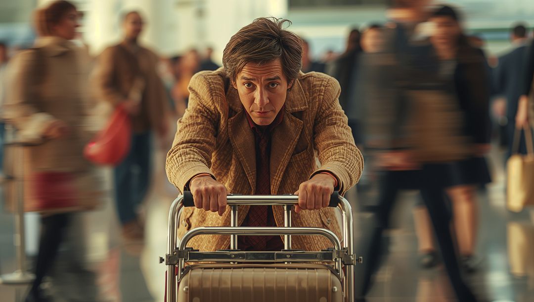 Focused Traveler With Trolley Amidst Transit Hub Motion