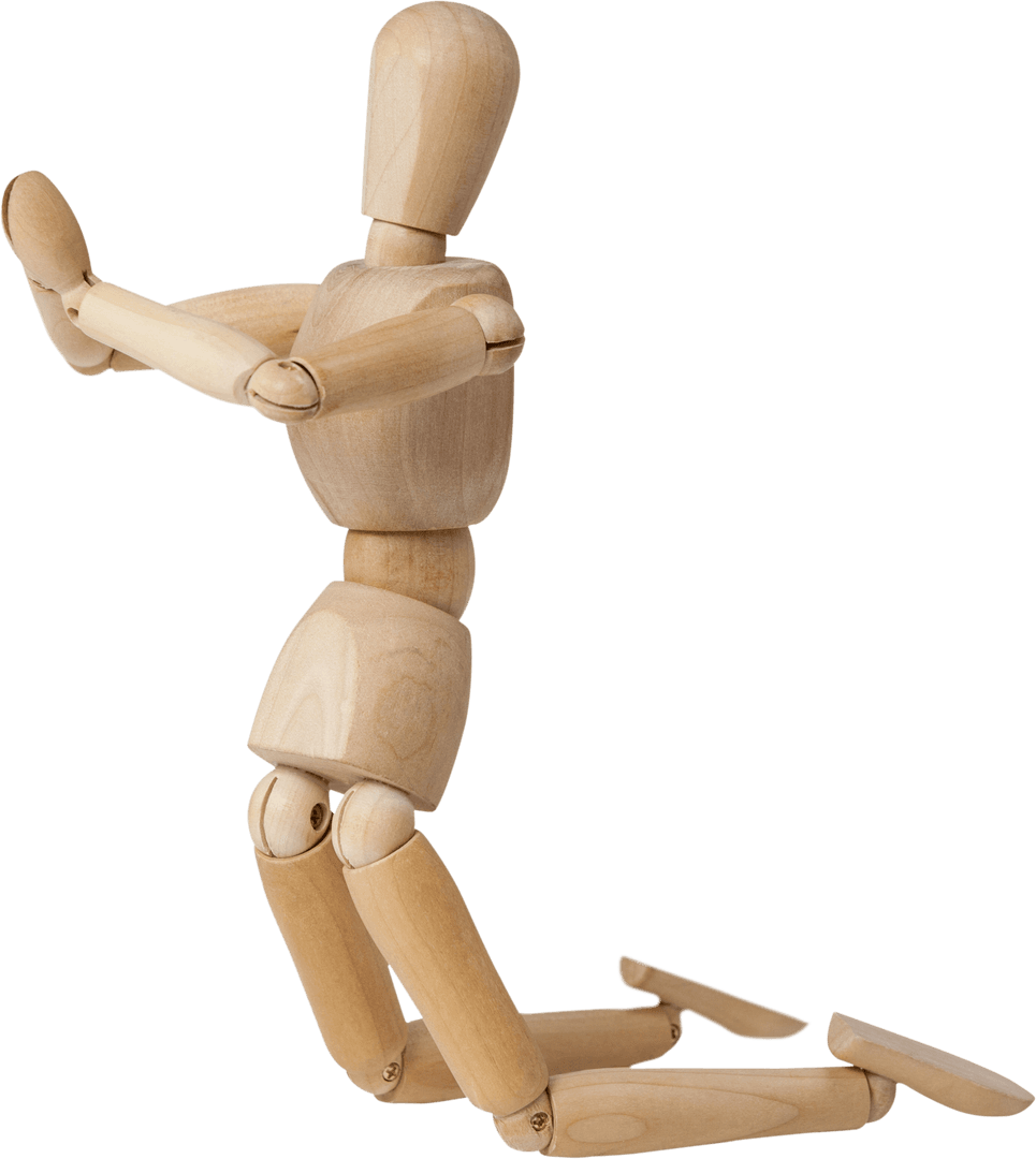 3D Wooden Mannequin Kneeling with Transparent Background