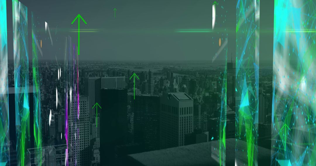 Abstract Cityscape with Digital Arrows and Technology Overlay