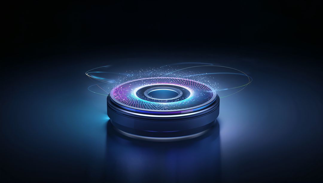 Futuristic Holographic Disk Projecting Neon Concentric Rings and Spiral Energy Trails