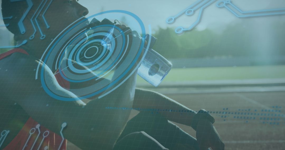 Paralympic Athlete Drinking on Track with Digital Data Overlay