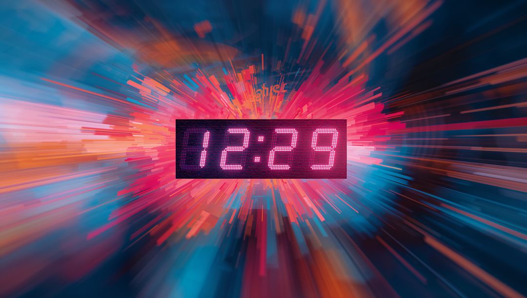 Futuristic LED Clock Display in Digital Burst Background