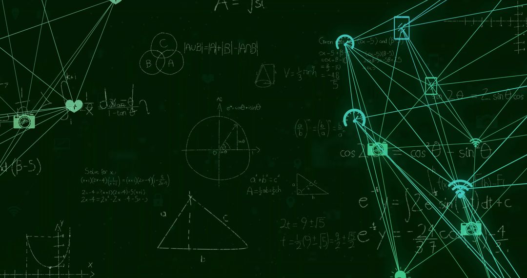 Mathematical Formulas and Network Connections on Green Background