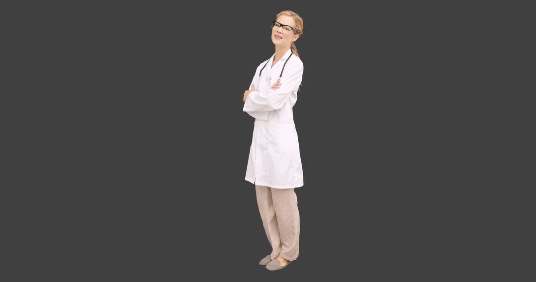 Confident Female Doctor in White Lab Coat Standing Against Gray Background - Free Images, Stock Photos and Pictures on Pikwizard.com