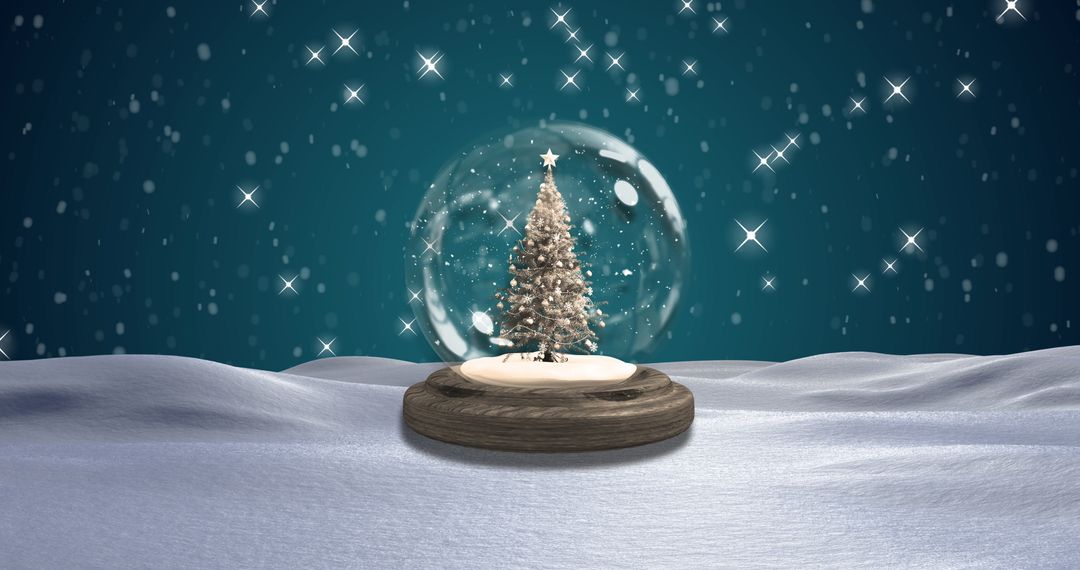 Festive Snowy Landscape with Christmas Snow Globe under Sparkling Stars - Free Images, Stock Photos and Pictures on Pikwizard.com