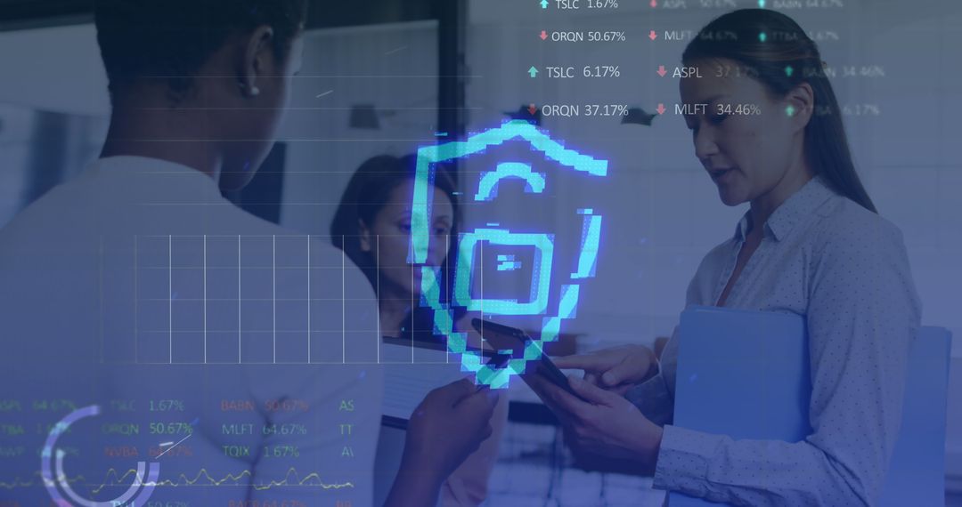 Digital Padlock with Business Team Analyzing Data in Office
