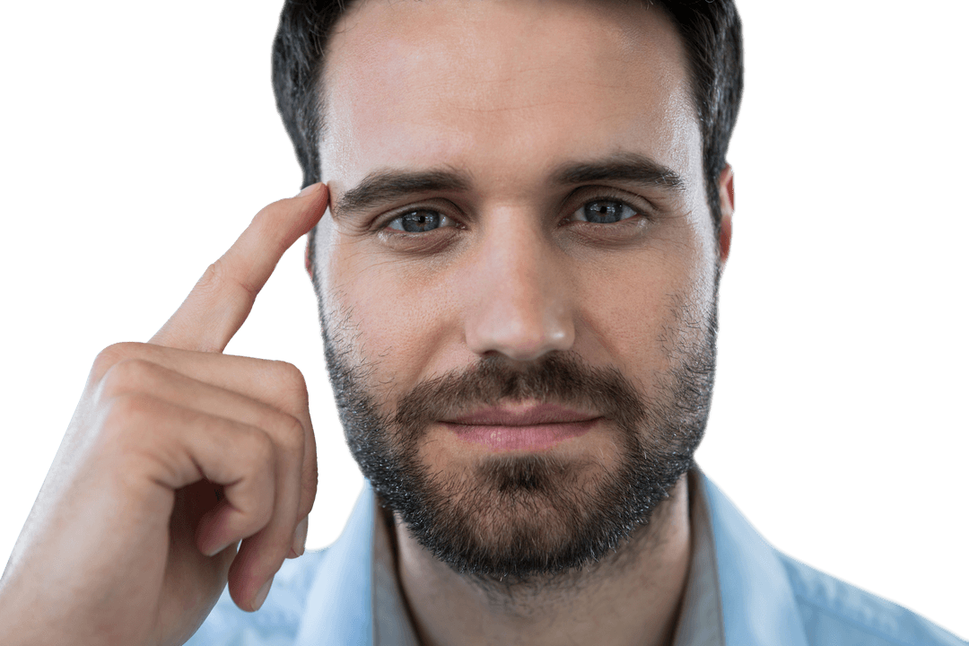 Confident Man Pointing to Temple on Transparent Background