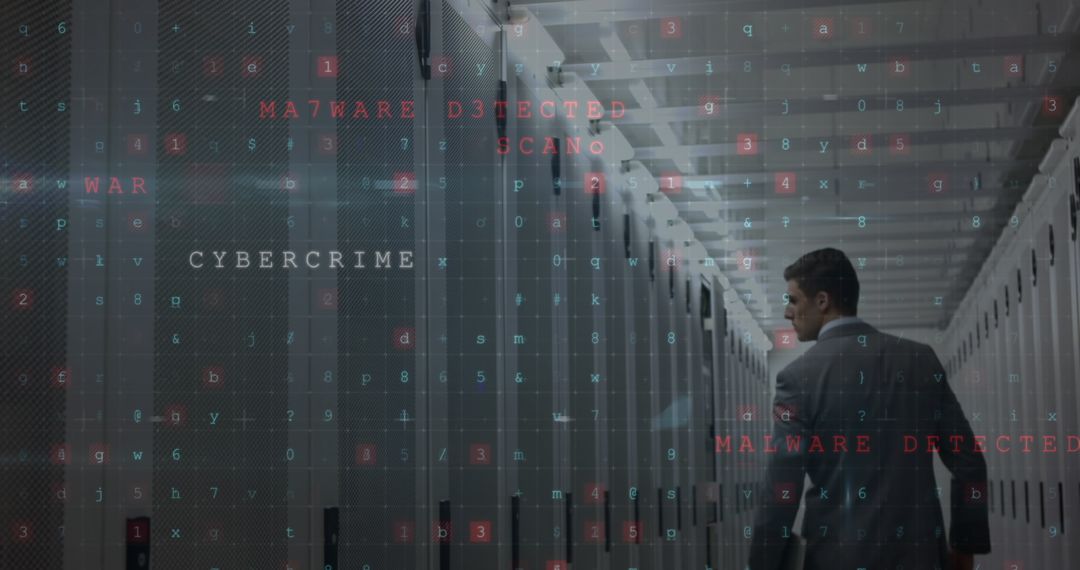Caucasian Man Monitoring Cybersecurity in Server Room with Digital Overlay