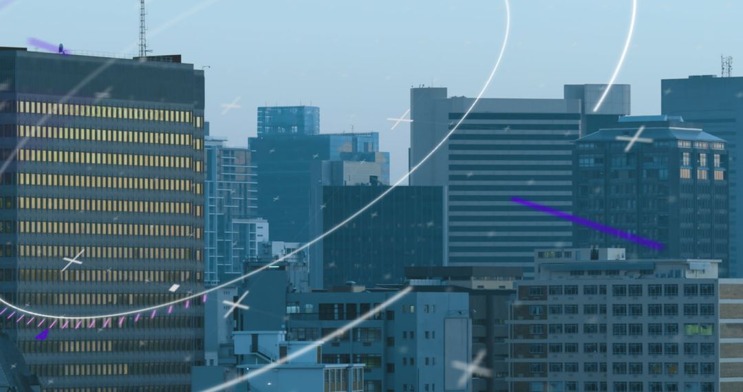 Digital Scope Overlay on Urban Cityscape at Dusk