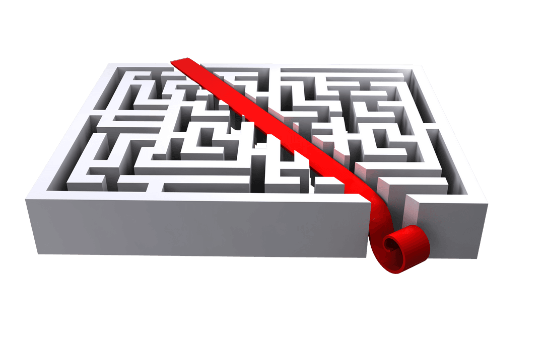 Transparent Maze Illustration with Red Stripe Solution Path