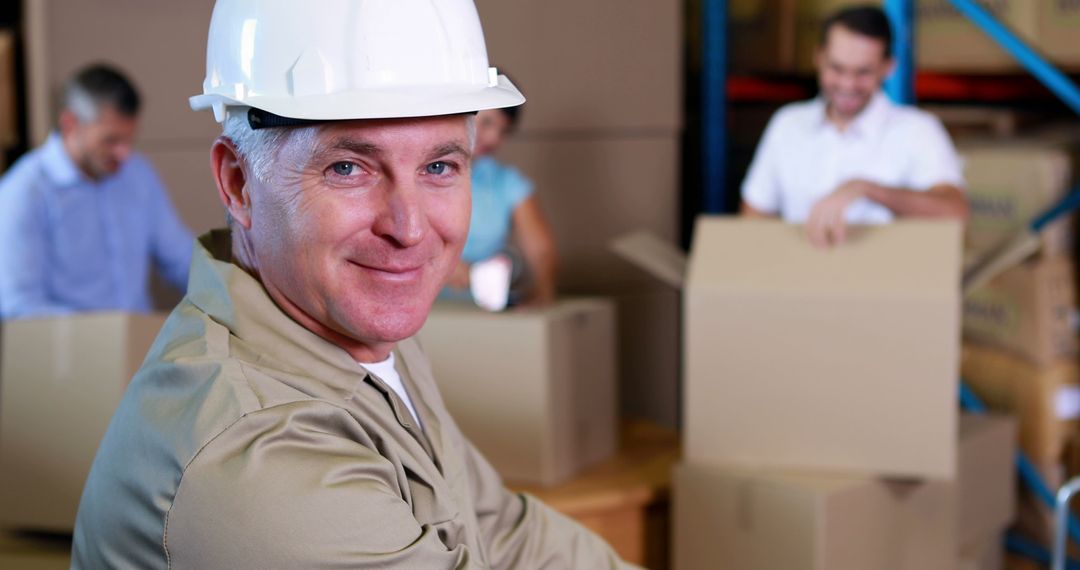 Smiling Warehouse Worker in Helmet with Team in Background - Free Images, Stock Photos and Pictures on Pikwizard.com