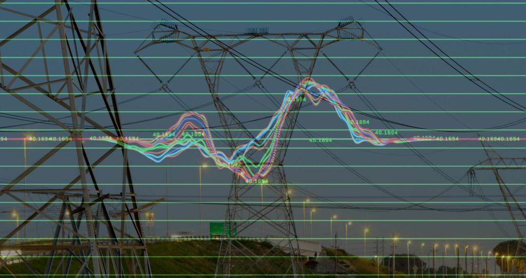 High-voltage transmission tower at dusk with waveform data overlay monitoring grid health