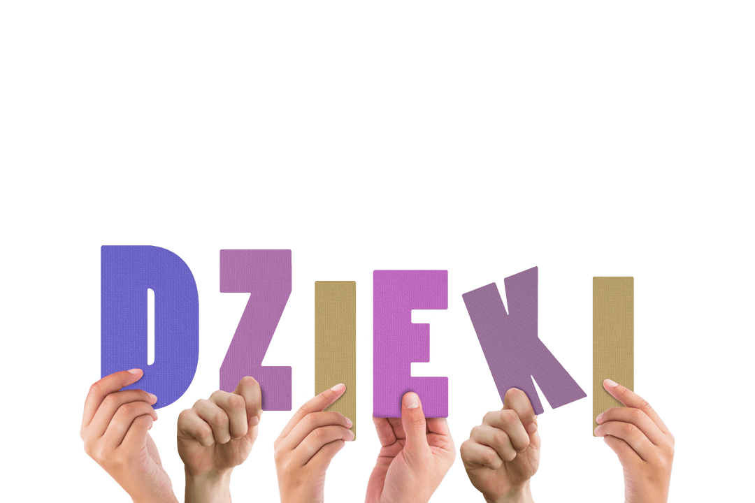 Transparent Hands Raising Colorful Letters Please Dzieki Thanks