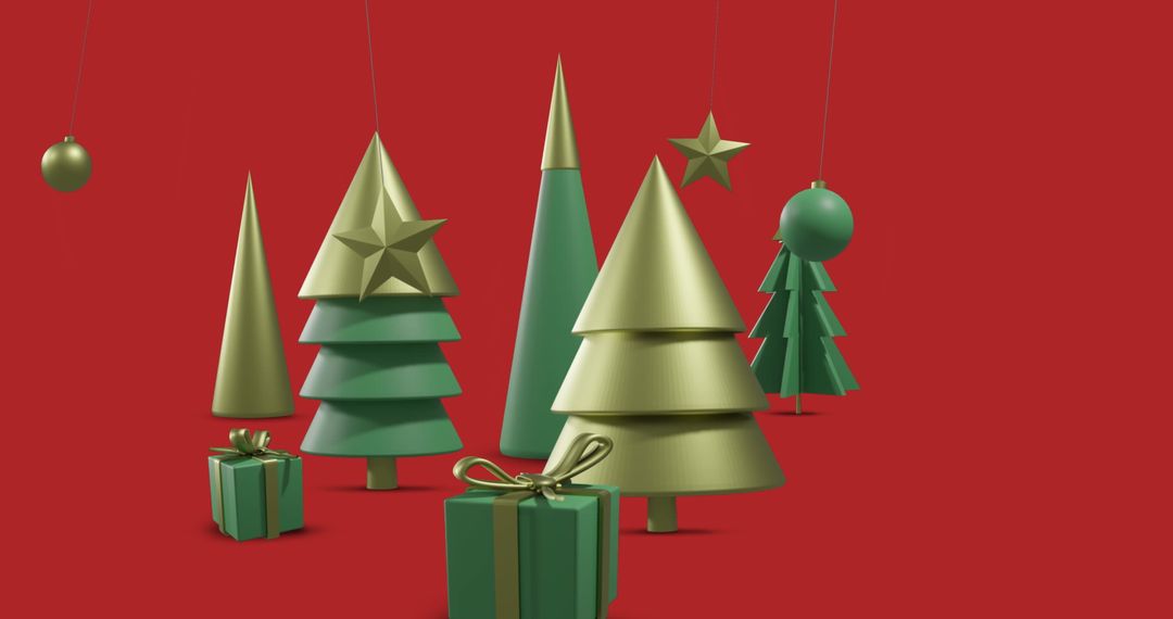 Festive Christmas Decor with Trees on Red Background