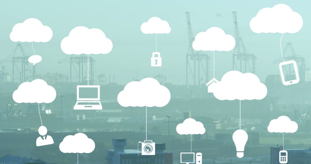 Digital interface cloud computing concept with devices over cityscape