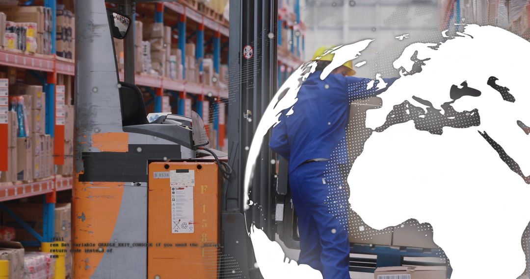 Forklift Operator in Warehouse with Global Logistics Overlay