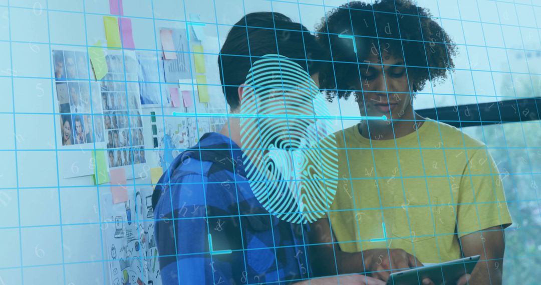 Collaborating Professionals Analyzing Tablet with Digital Security Overlay